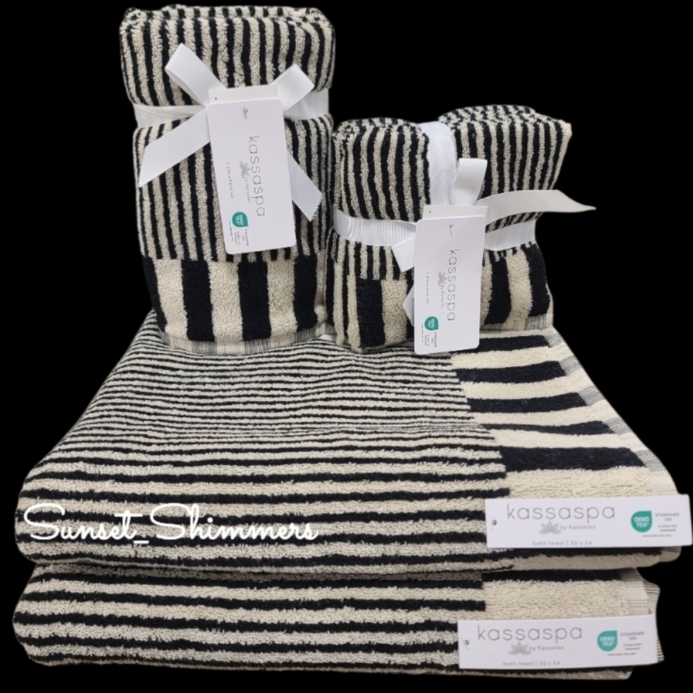 8pc Kassa Spa Tan & Black Stripe Bath Hand Washcloth Towel Set New